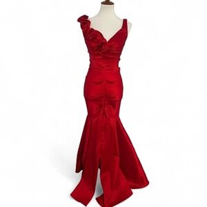 Whimsygoth Xscape by Joanna Chen Red Mermaid Gown Floral Ruffle Formal Dress 4